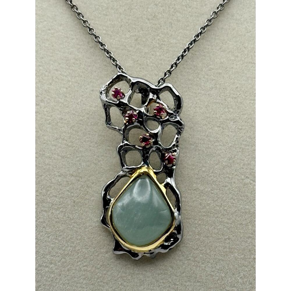 Sterling Silver Jade Pendant, Garnets, Handmade, Gold Vermeil, Black Rhodium
